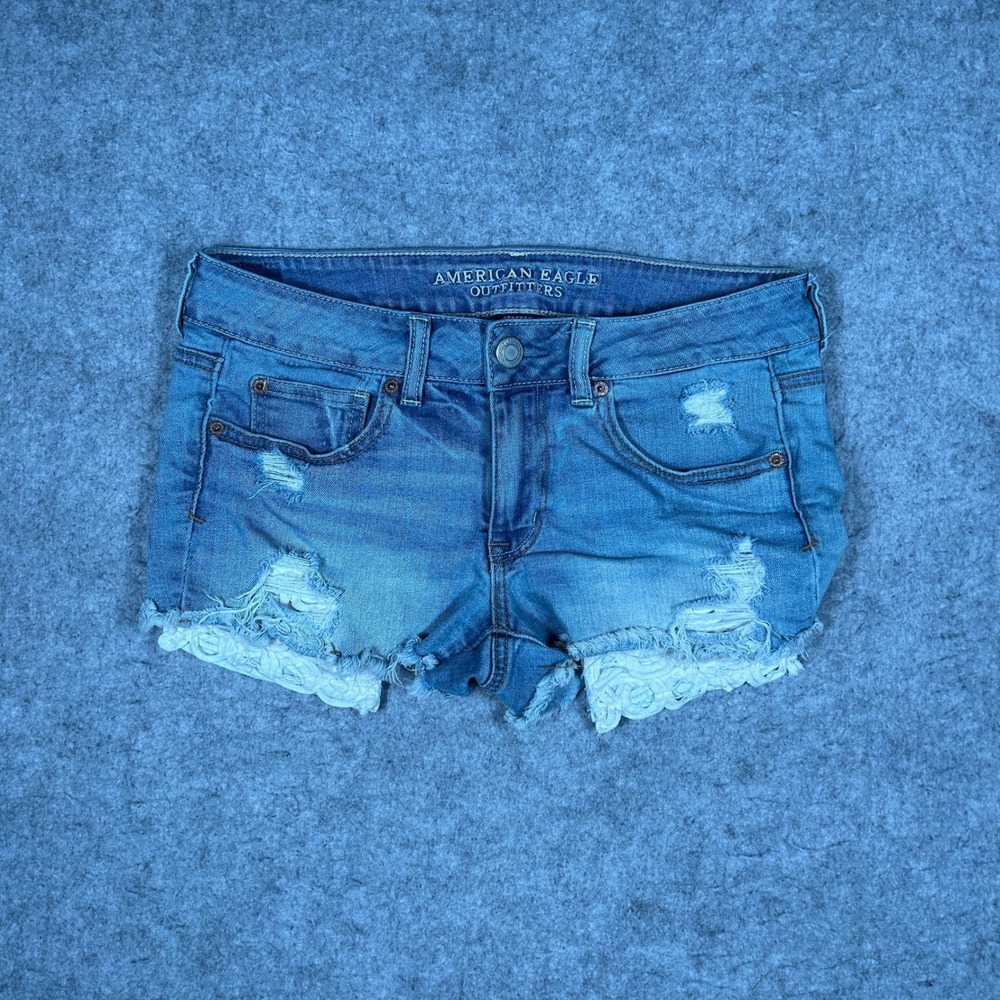 American Eagle Denim Shorts Womens 8 Blue‎ Shortie Distressed Cut Off Summer